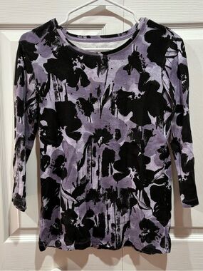 NICOLE MILLER Women’s Floral Sequin 3/4 Sleeve Tee Shirt Top purple/black size S